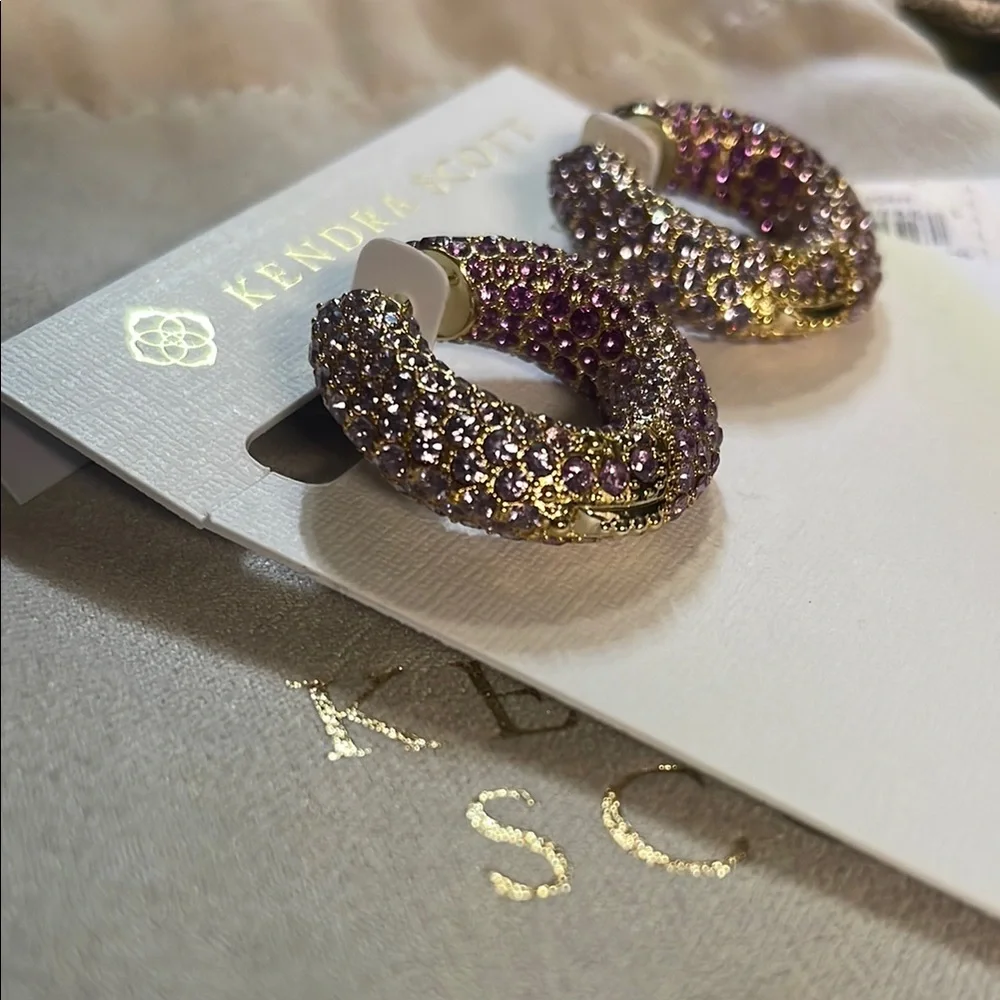 Kendra Scott Mikki Gold Pave Hoop Earrings in Purple Mauve - Picture 8 of 14